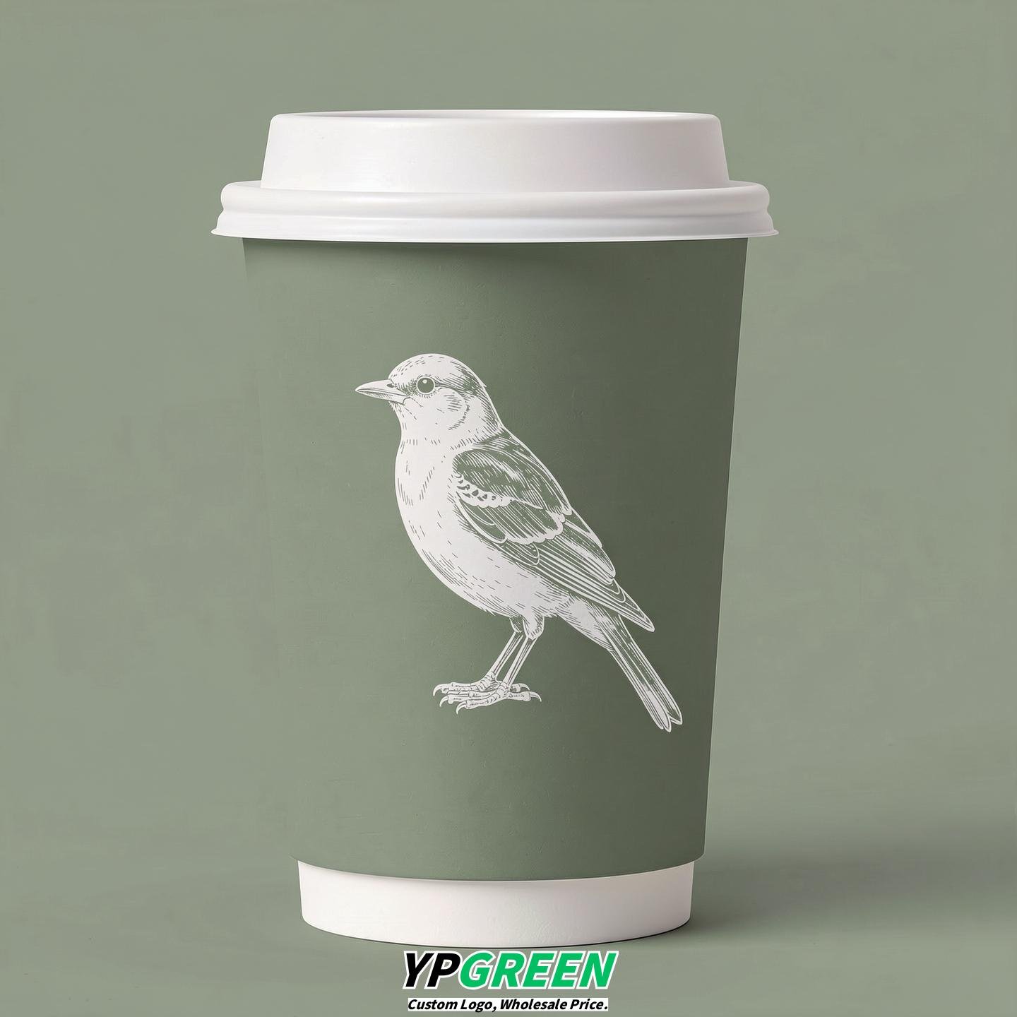 Sage Green Paper Cups with Bird Logo & Lids 8-24oz