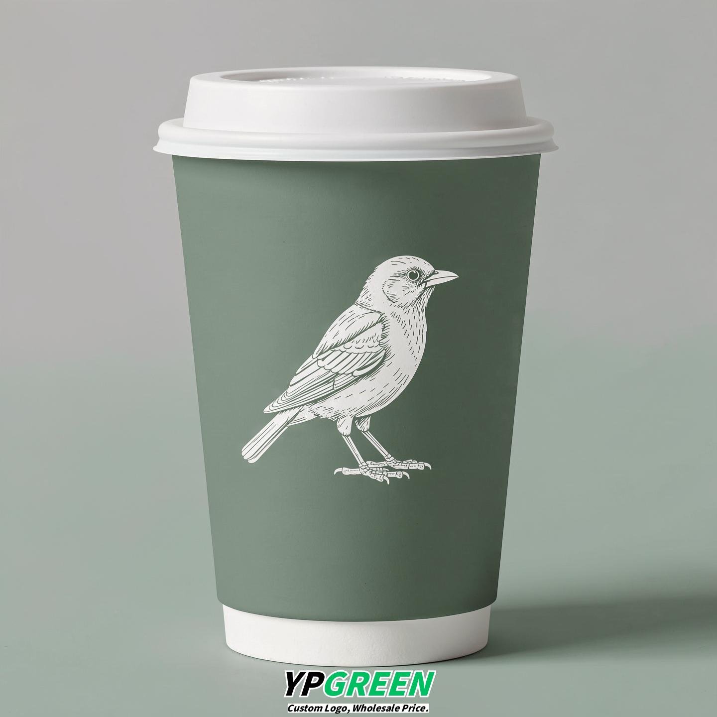 Sage Green Paper Cups with Bird Logo & Lids 8-24oz