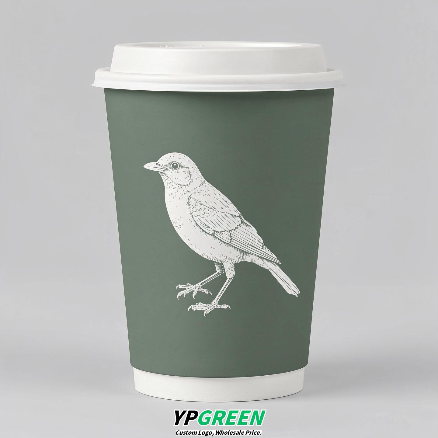 Sage Green Paper Cups with Bird Logo & Lids 8-24oz