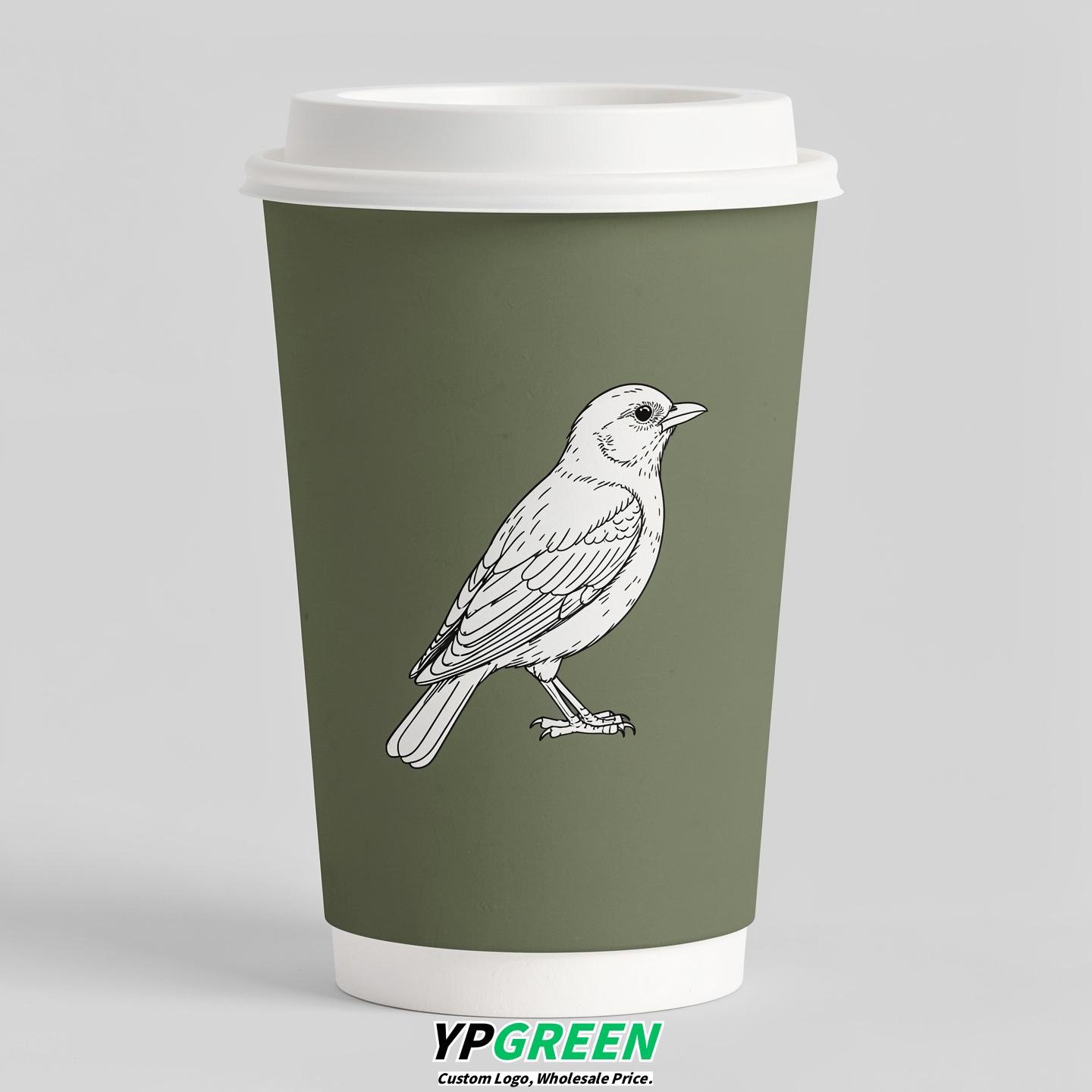 Sage Green Paper Cups with Bird Logo & Lids 8-24oz