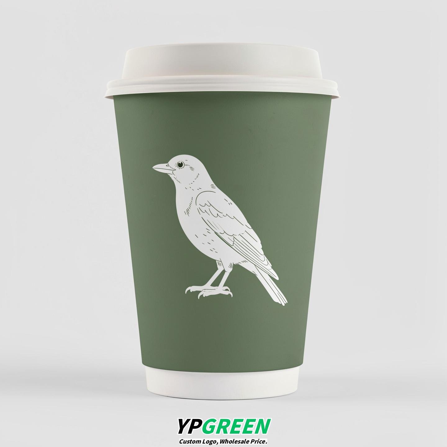Sage Green Paper Cups with Bird Logo & Lids 8-24oz