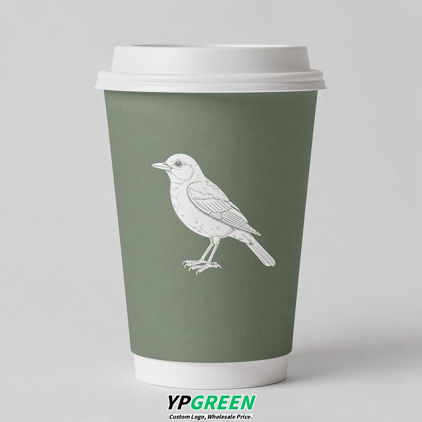 Sage Green Paper Cups with Bird Logo & Lids 8-24oz