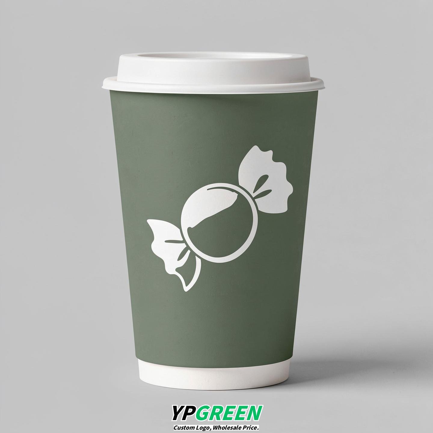 Sage Green Paper Cups with Candy Logo & Lids 8-24oz