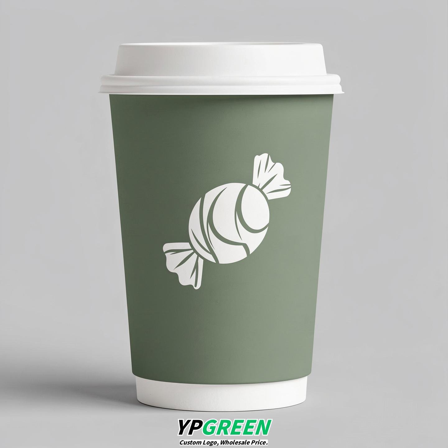 Sage Green Paper Cups with Candy Logo & Lids 8-24oz