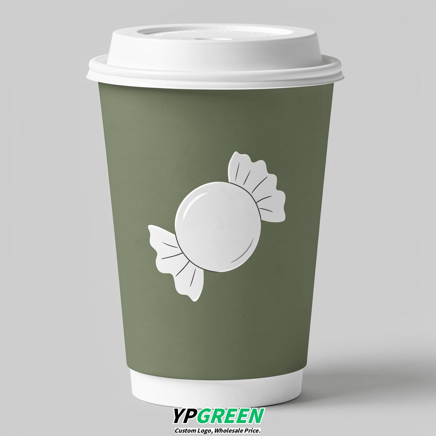 Sage Green Paper Cups with Candy Logo & Lids 8-24oz