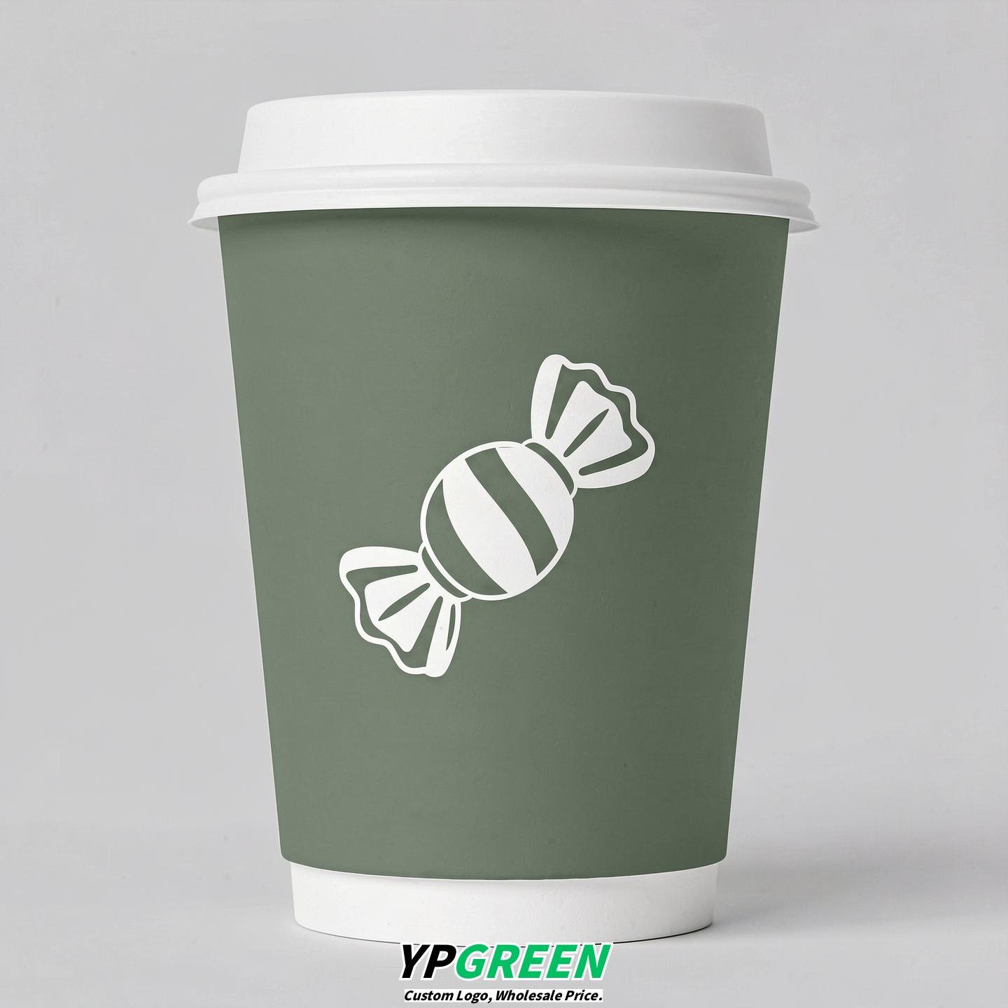 Sage Green Paper Cups with Candy Logo & Lids 8-24oz