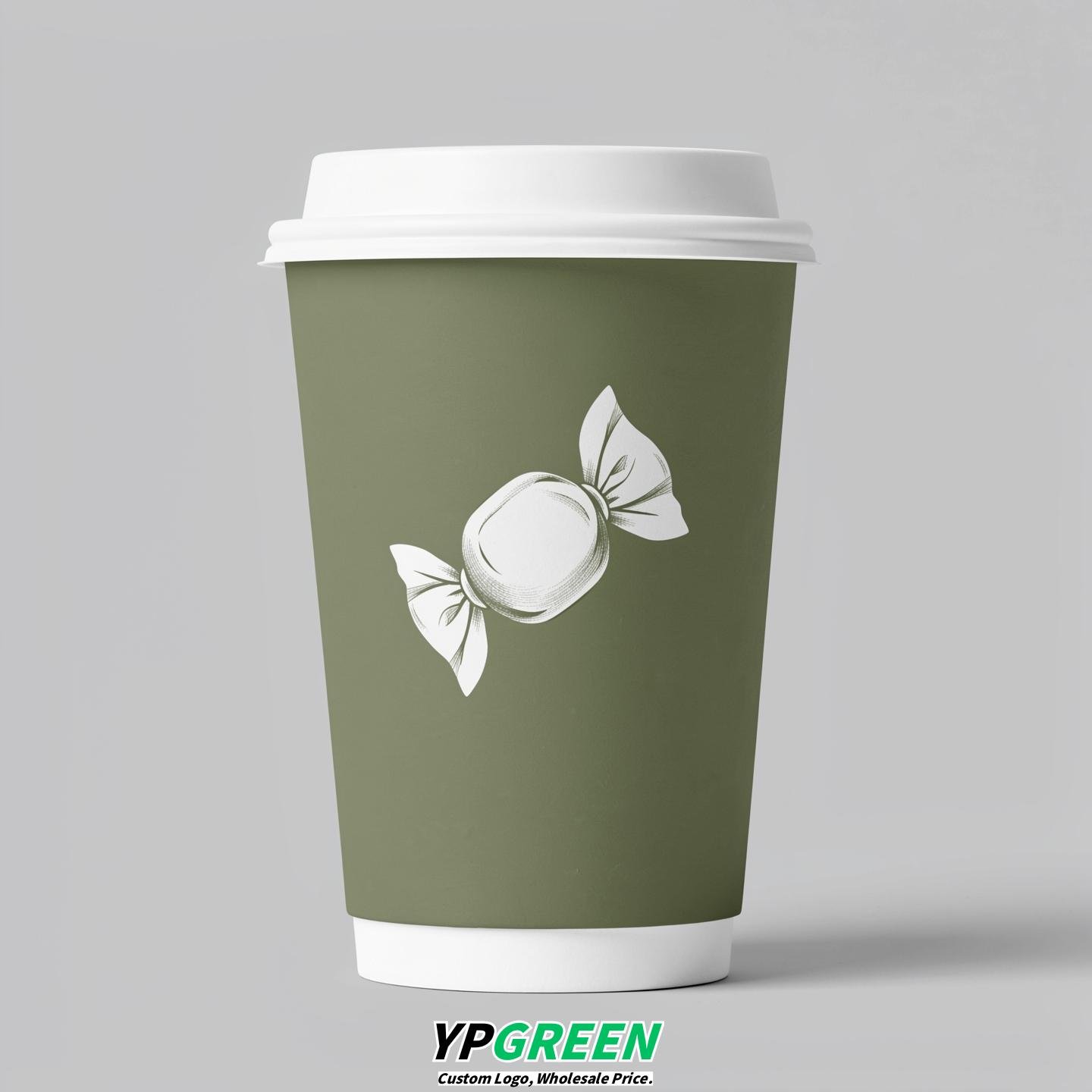 Sage Green Paper Cups with Candy Logo & Lids 8-24oz