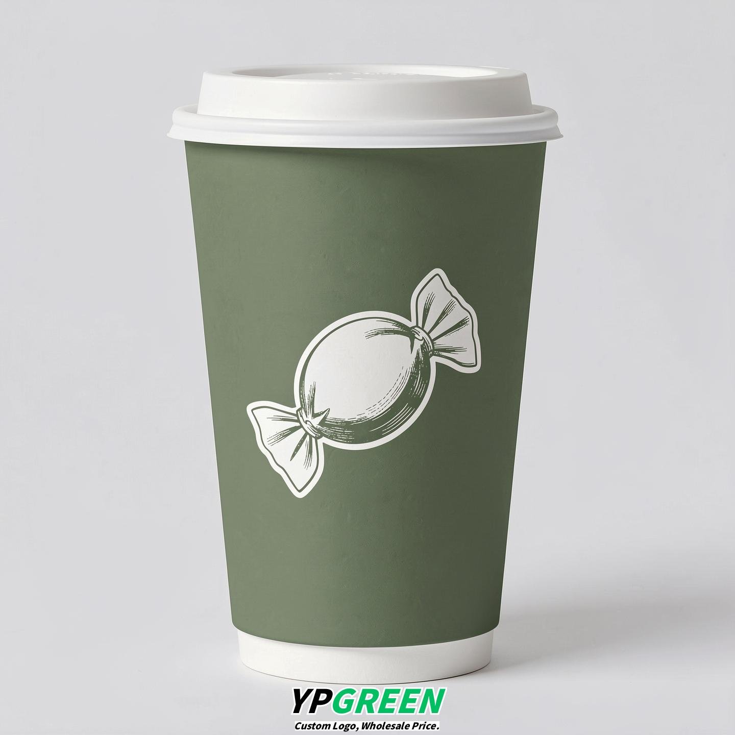 Sage Green Paper Cups with Candy Logo & Lids 8-24oz