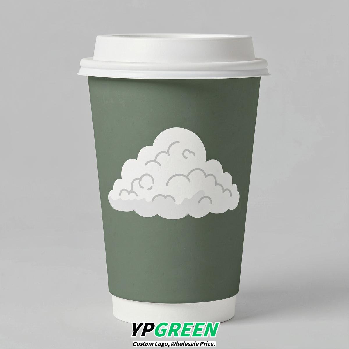 Sage Green Paper Cups with Clouds Logo & Lids 8-24oz