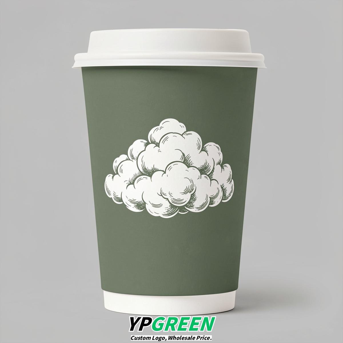 Sage Green Paper Cups with Clouds Logo & Lids 8-24oz