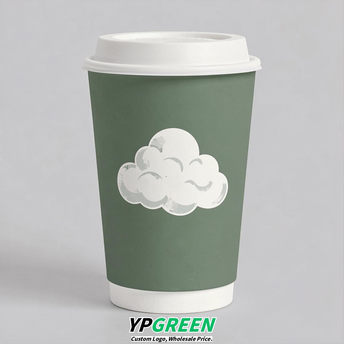 Sage Green Paper Cups with Clouds Logo & Lids 8-24oz
