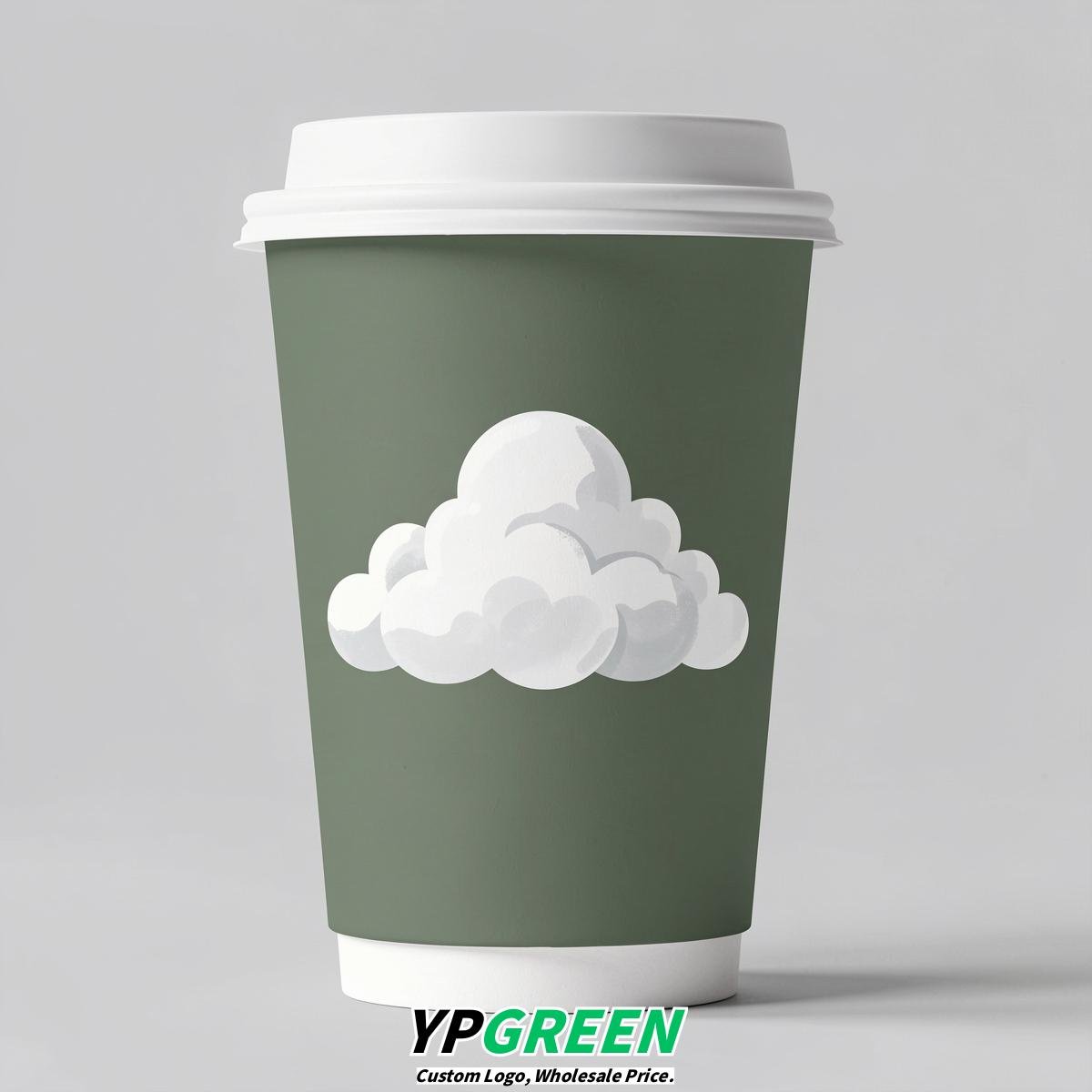 Sage Green Paper Cups with Clouds Logo & Lids 8-24oz