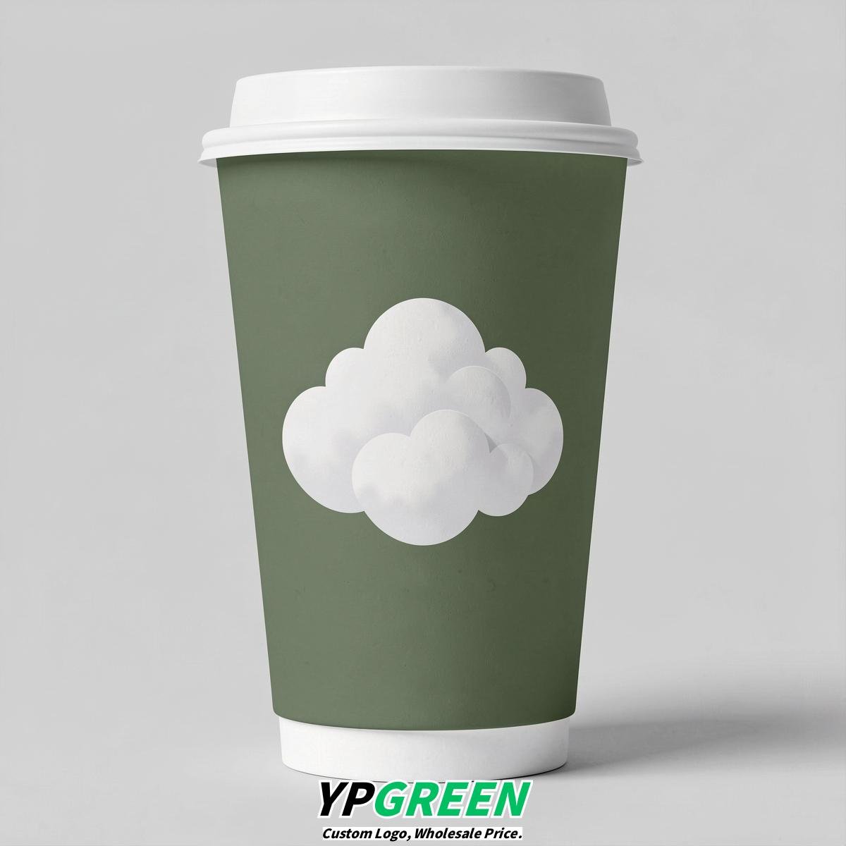 Sage Green Paper Cups with Clouds Logo & Lids 8-24oz