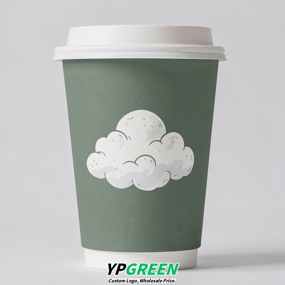 Sage Green Paper Cups with Clouds Logo & Lids 8-24oz