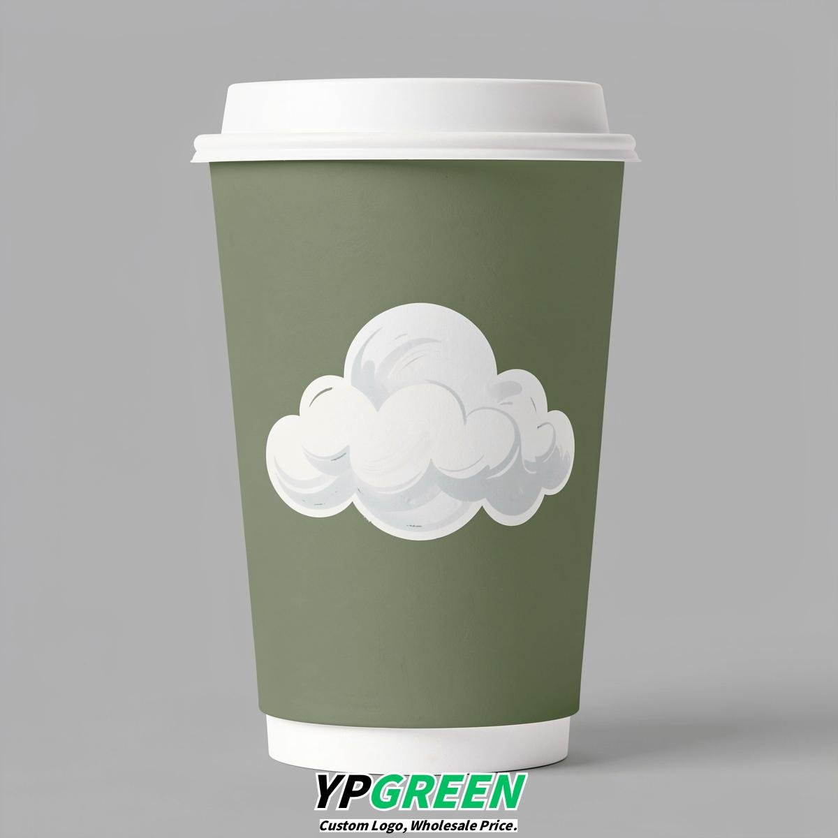 Sage Green Paper Cups with Clouds Logo & Lids 8-24oz
