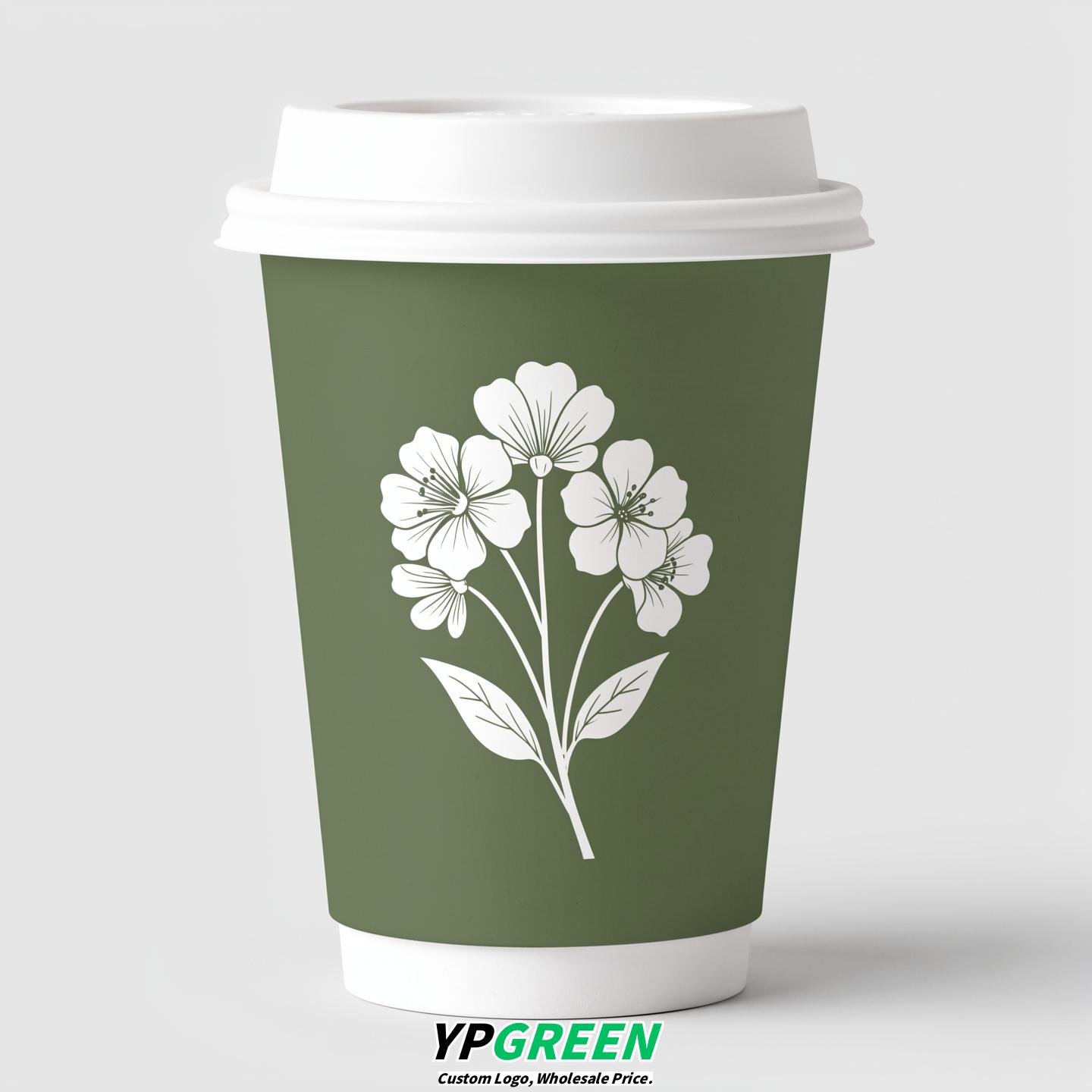Sage Green Floral Paper Cups with Lids 8-24oz