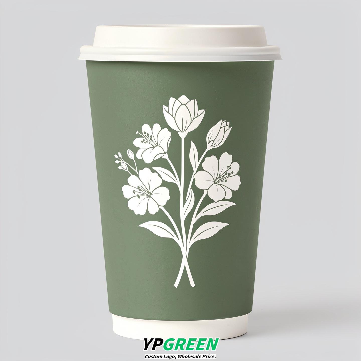 Sage Green Floral Paper Cups with Lids 8-24oz