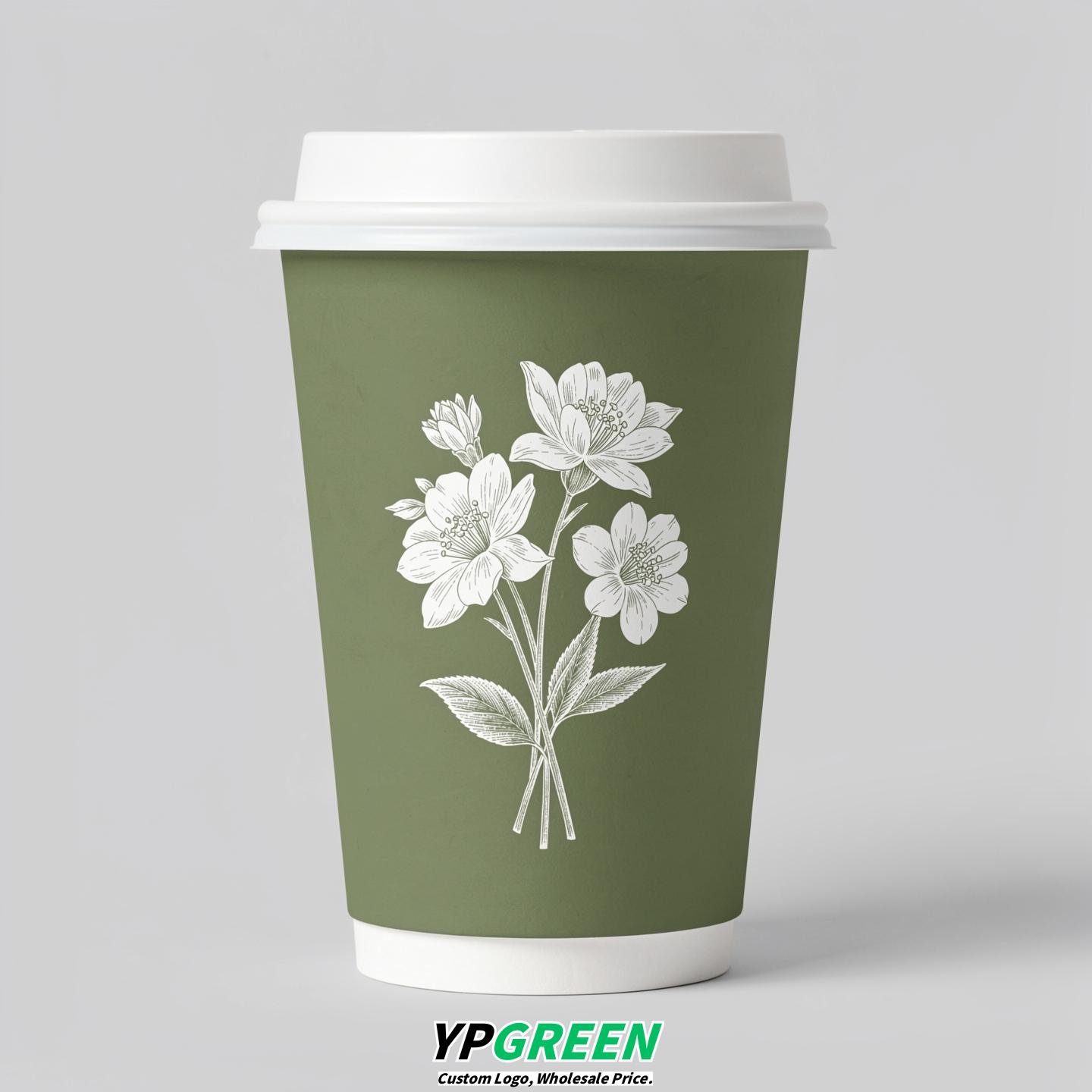 Sage Green Floral Paper Cups with Lids 8-24oz