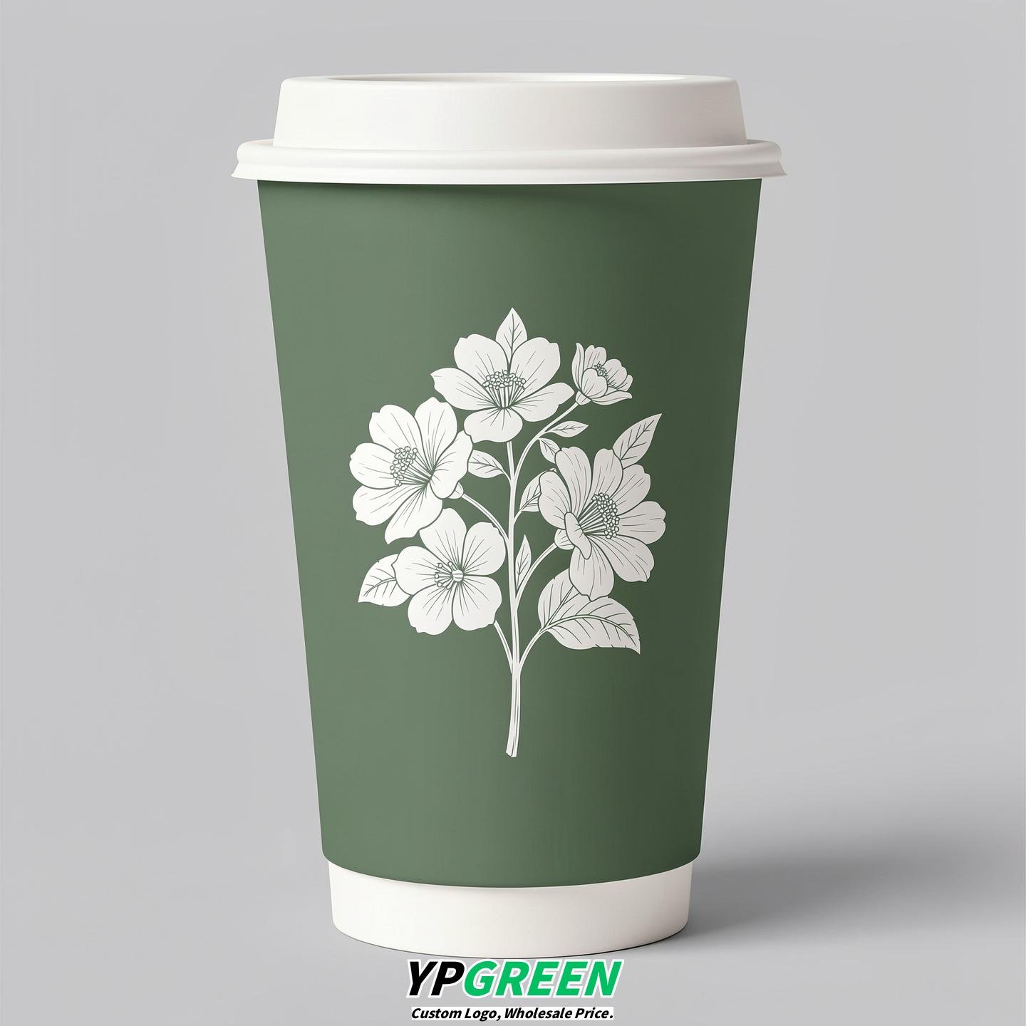 Sage Green Floral Paper Cups with Lids 8-24oz