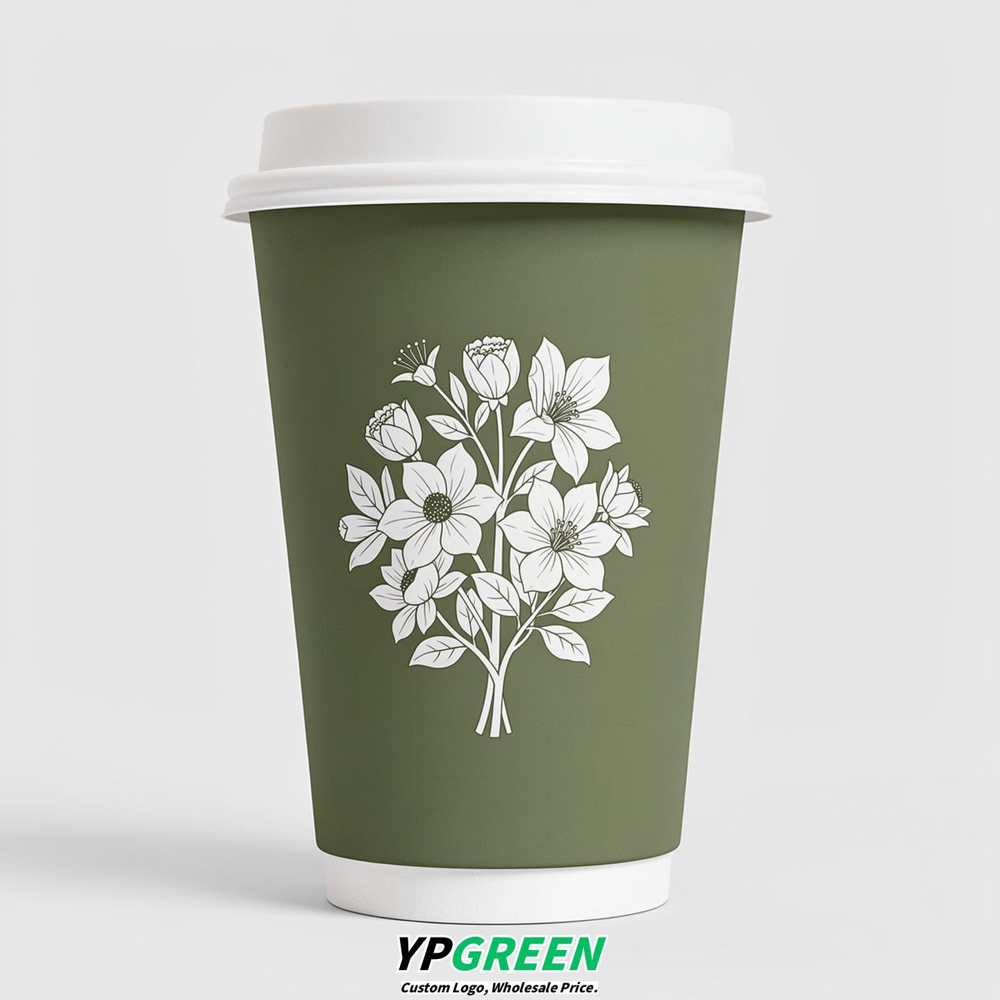 Sage Green Floral Paper Cups with Lids 8-24oz