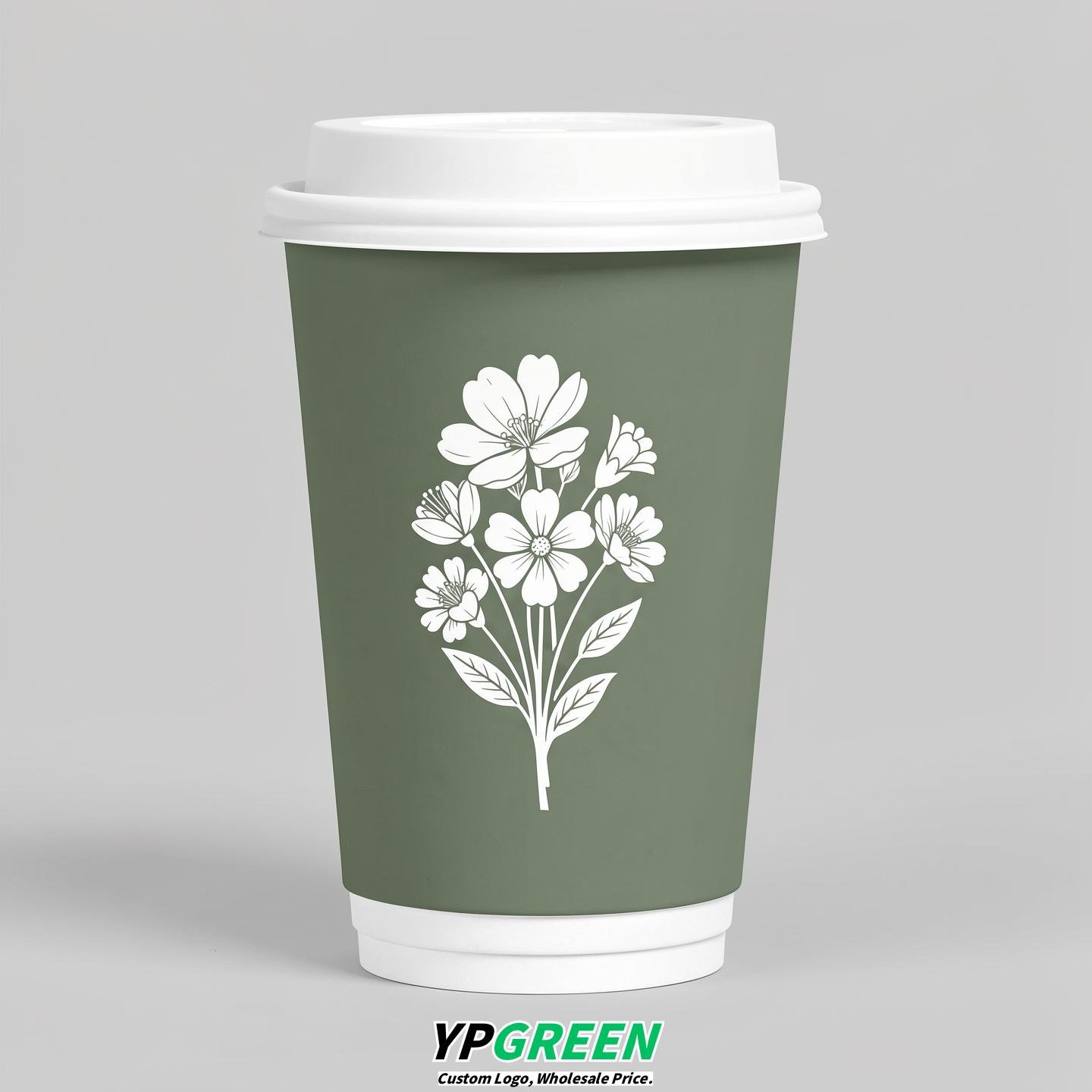 Sage Green Floral Paper Cups with Lids 8-24oz