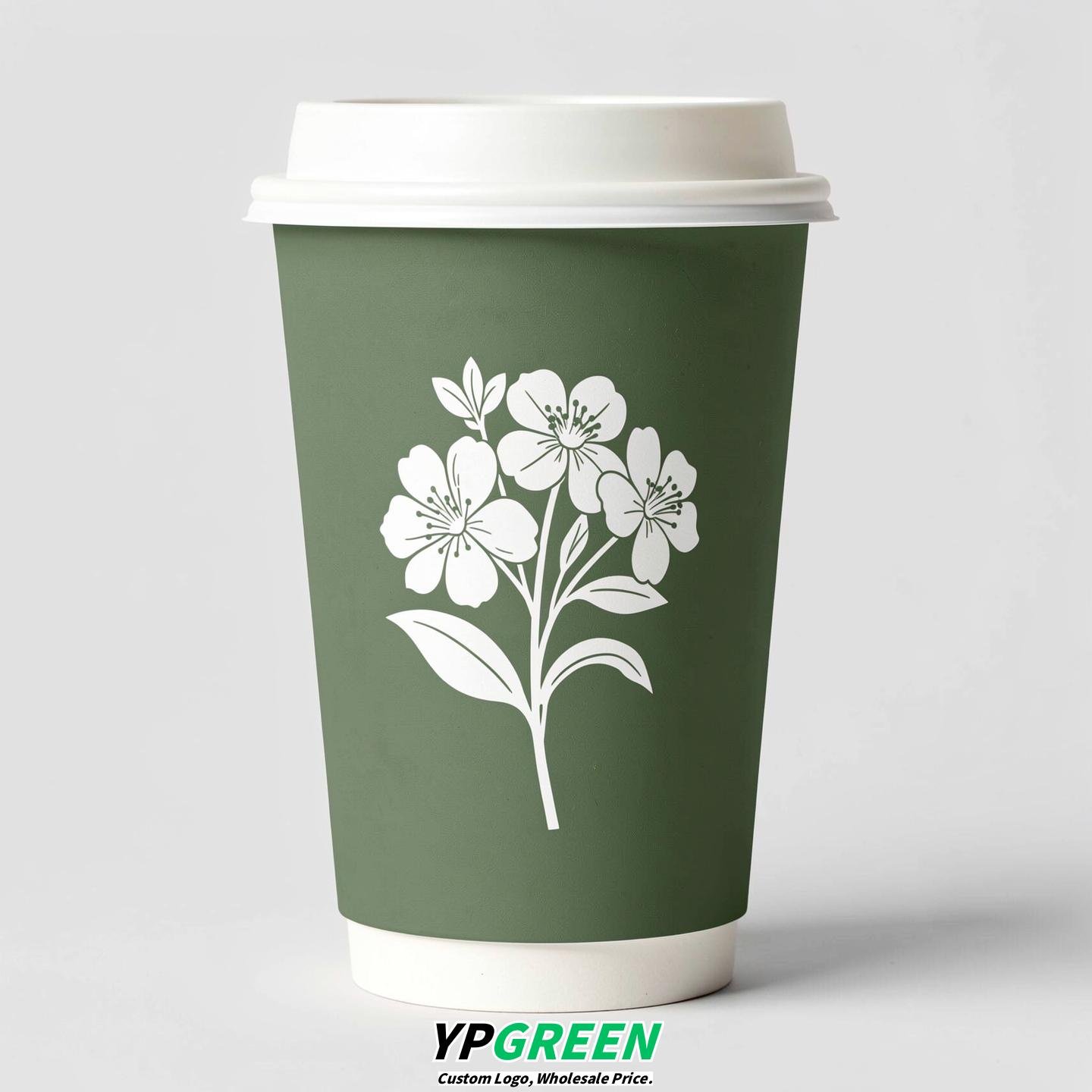 Sage Green Floral Paper Cups with Lids 8-24oz