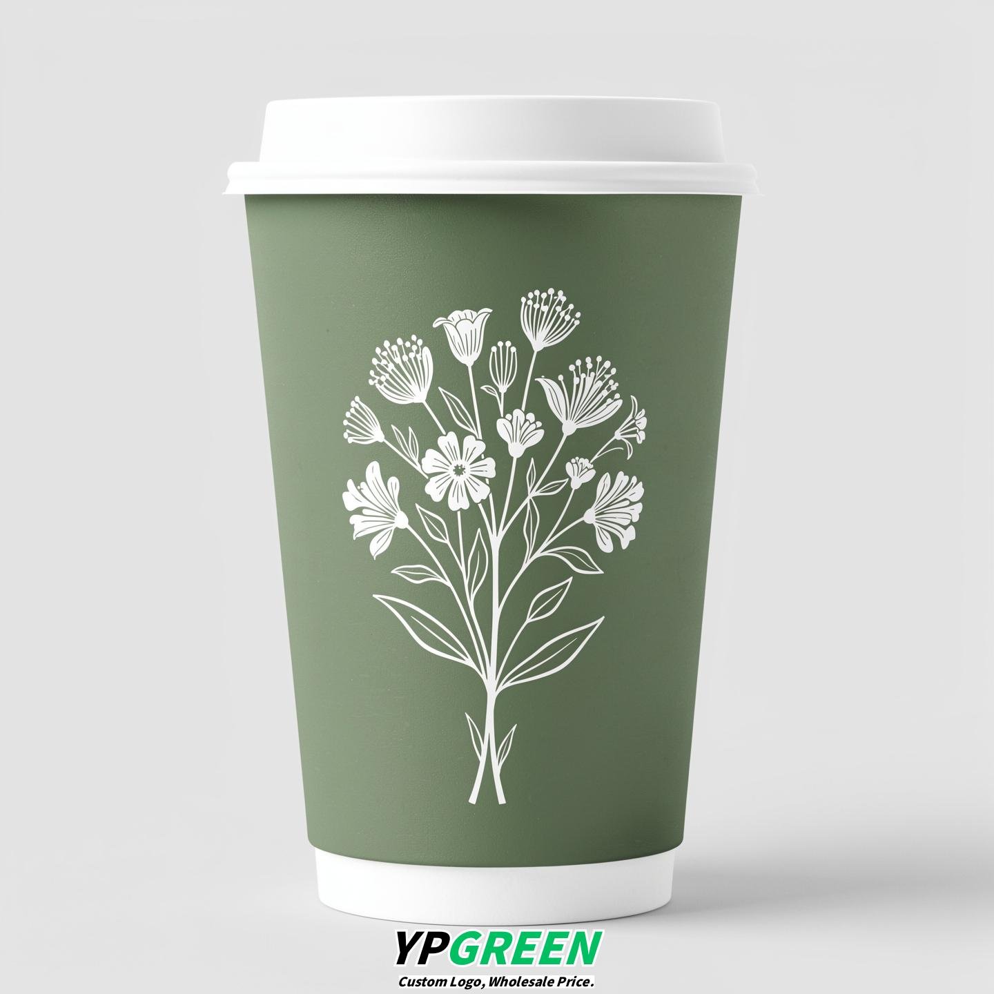 Sage Green Floral Paper Cups with Lids 8-24oz