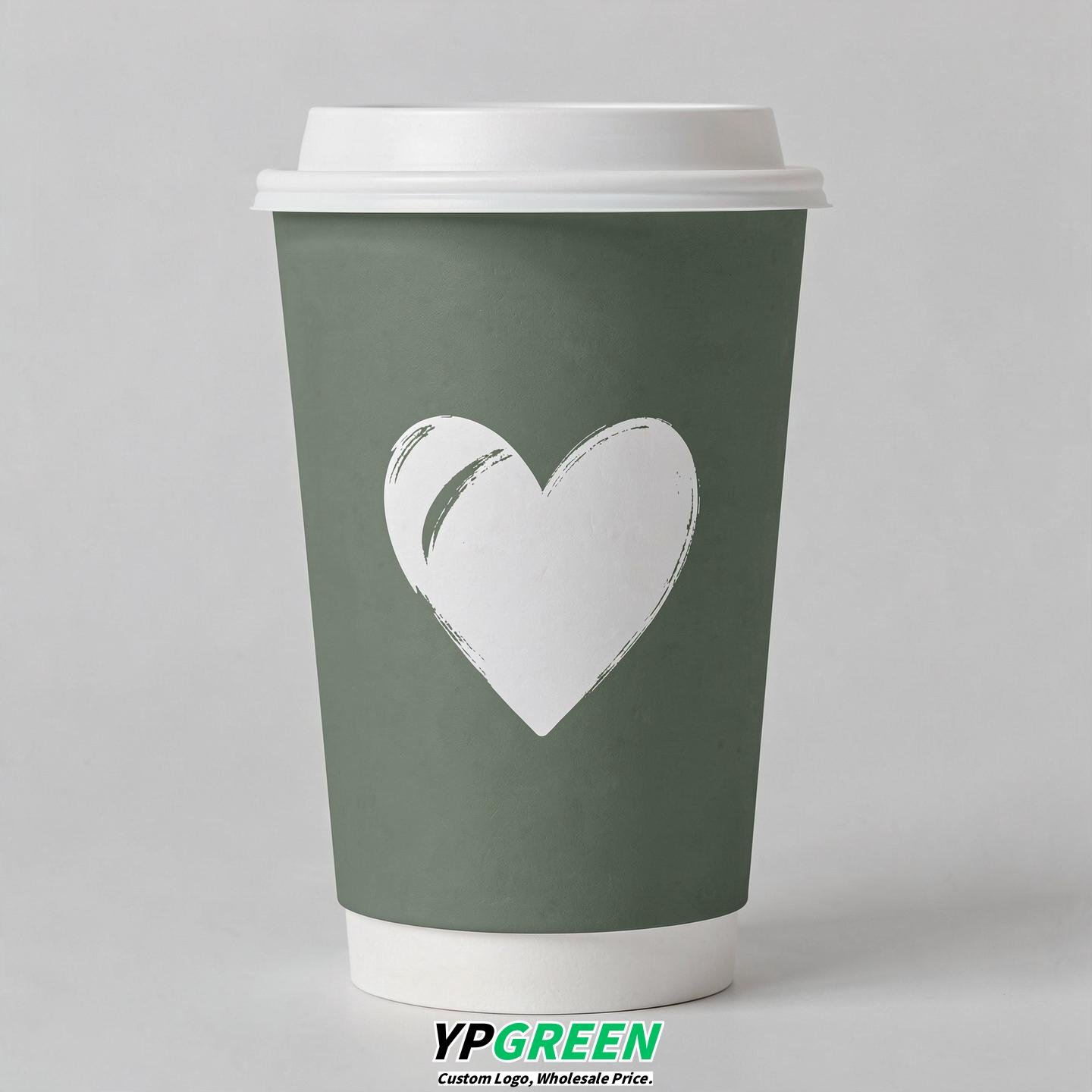 Sage Green Heart Paper Cups with Lids 8-24oz Sage Green Heart Paper Cups with Lids 8-24oz
