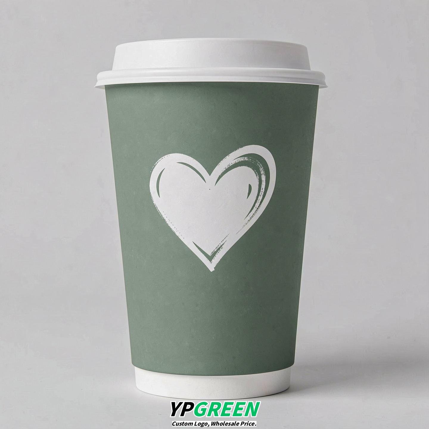 Sage Green Heart Paper Cups with Lids 8-24oz