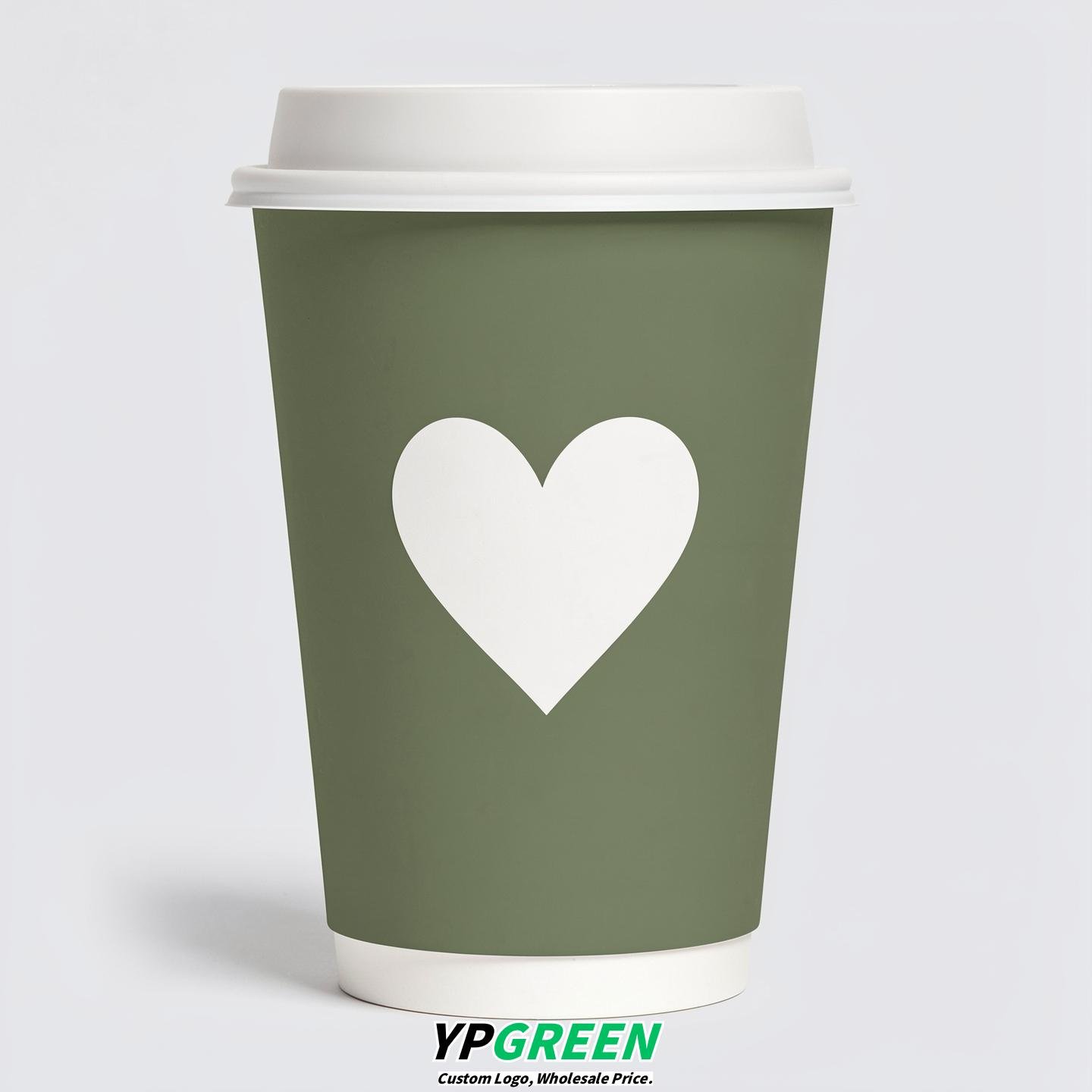 Sage Green Heart Paper Cups with Lids 8-24oz