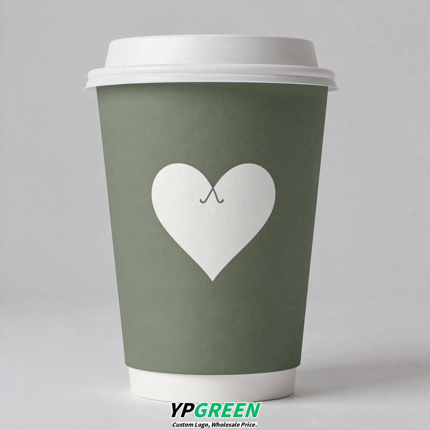 Sage Green Heart Paper Cups with Lids 8-24oz