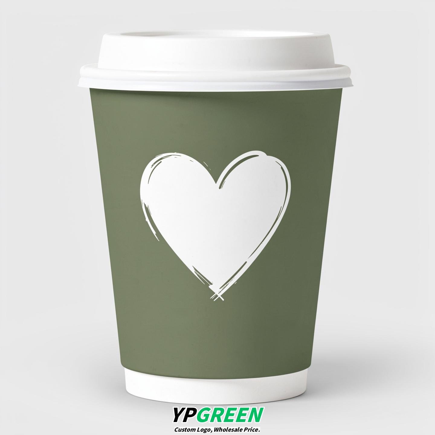 Sage Green Heart Paper Cups with Lids 8-24oz
