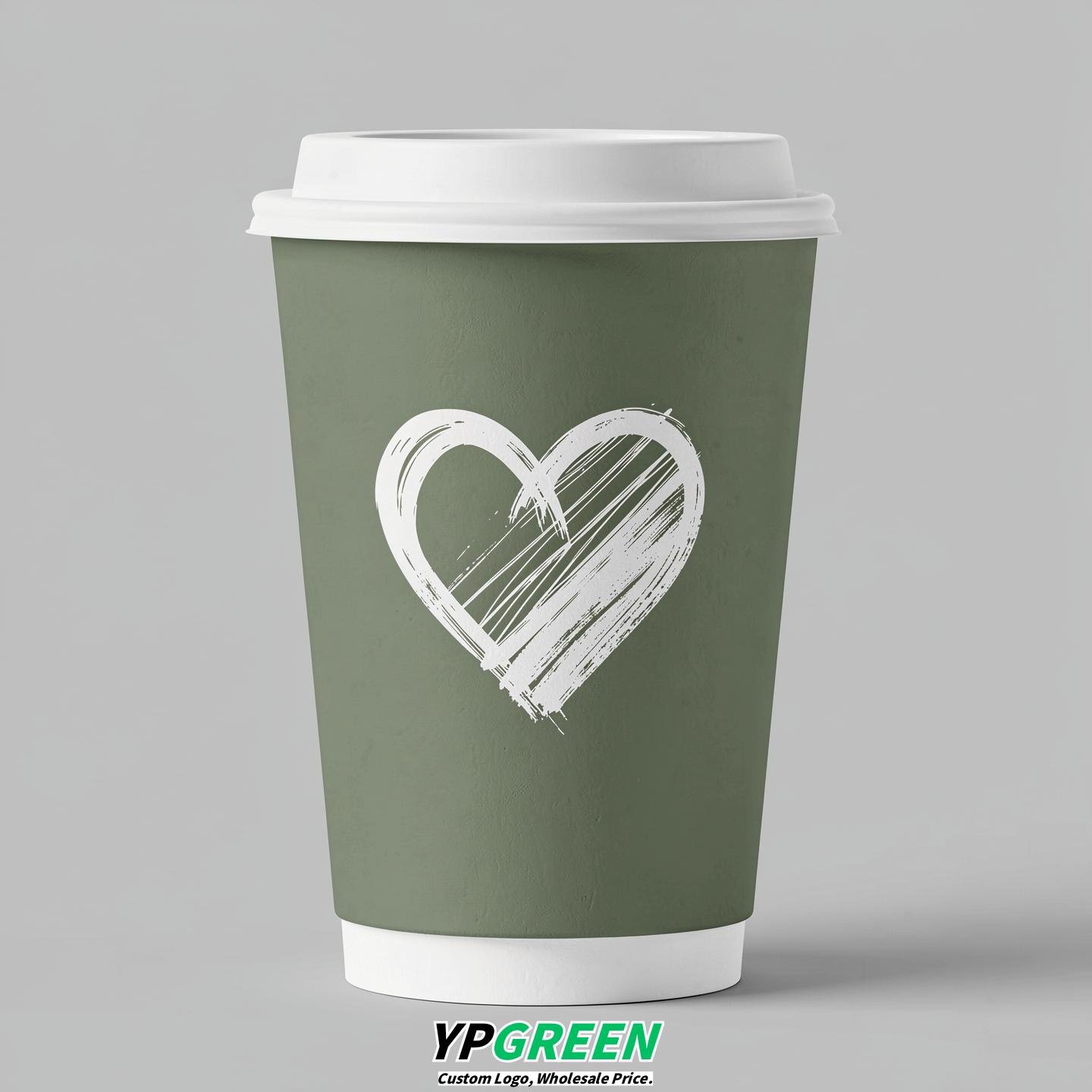 Sage Green Heart Paper Cups with Lids 8-24oz