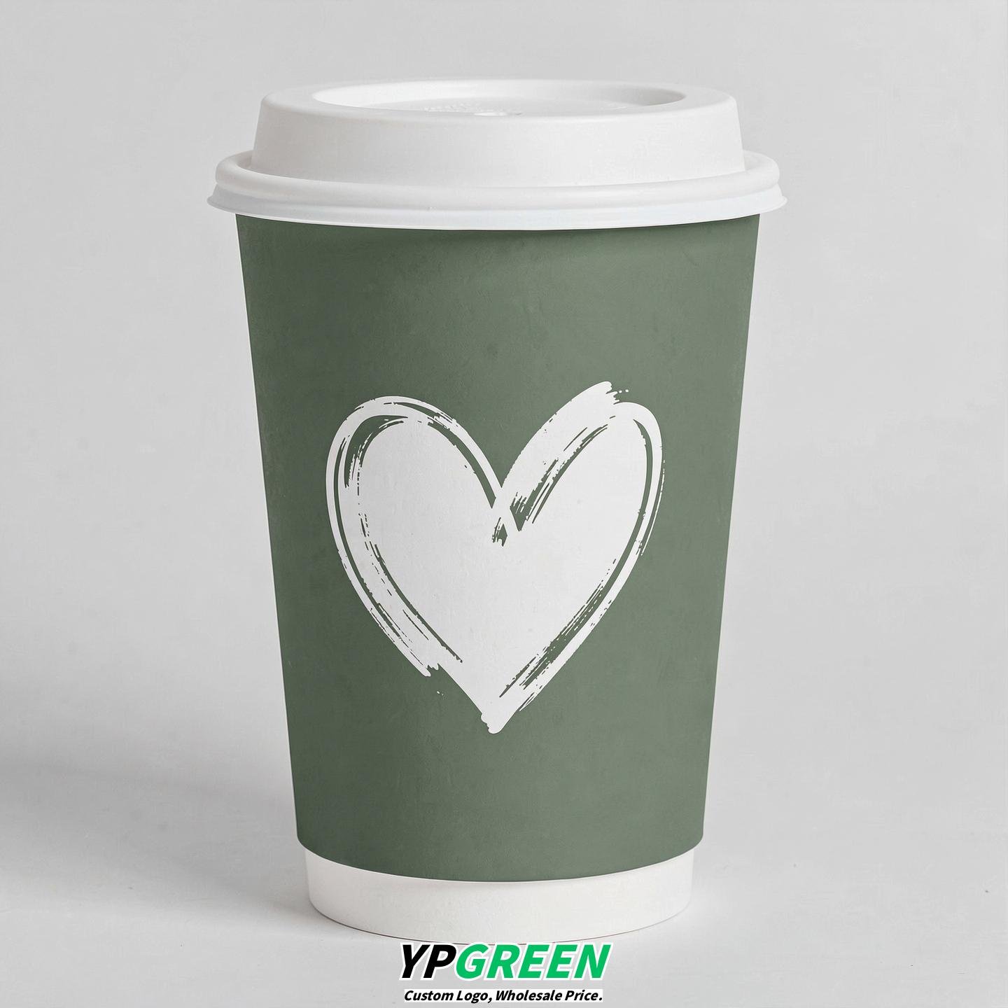 Sage Green Heart Paper Cups with Lids 8-24oz