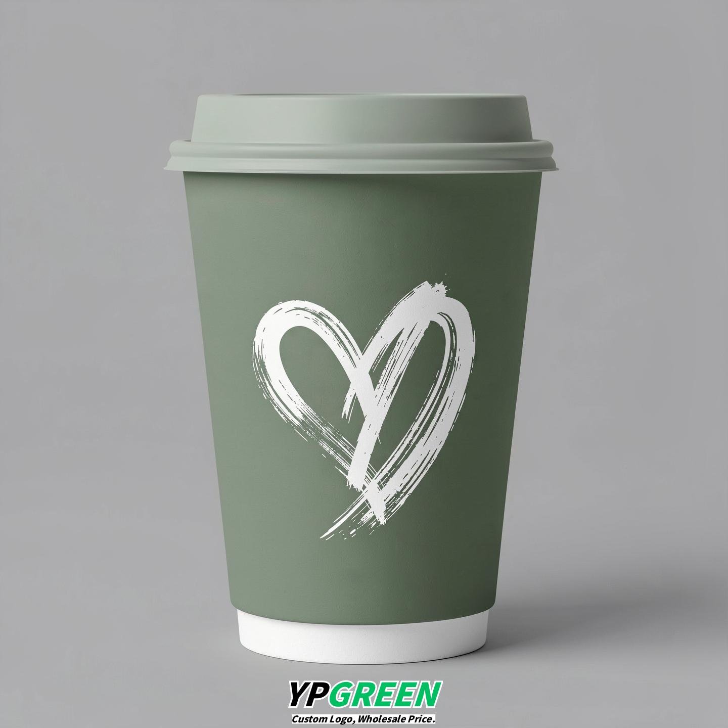 Sage Green Heart Paper Cups with Lids 8-24oz