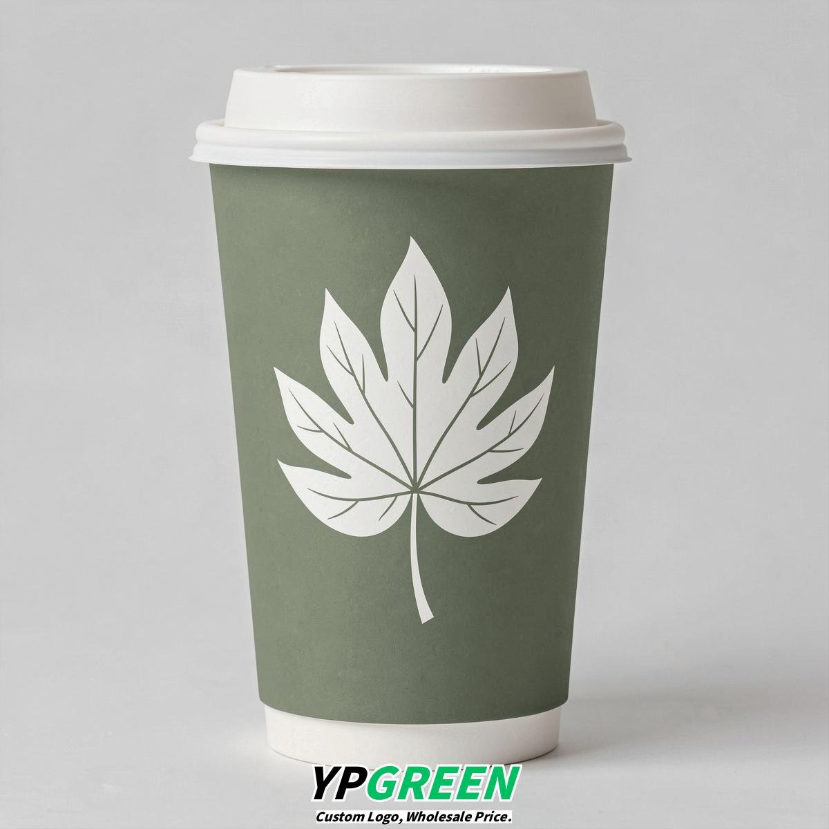 Sage Green Leaves Paper Cups with Lids 8-24oz