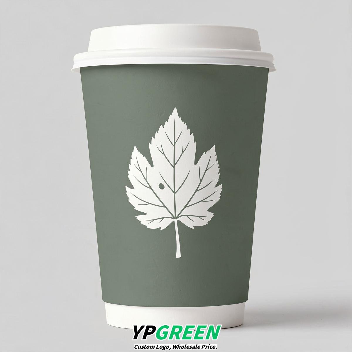 Sage Green Leaves Paper Cups with Lids 8-24oz