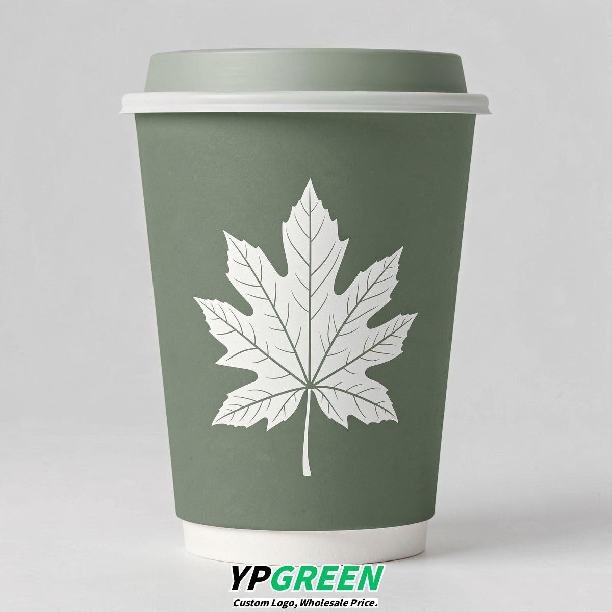 Sage Green Leaves Paper Cups with Lids 8-24oz