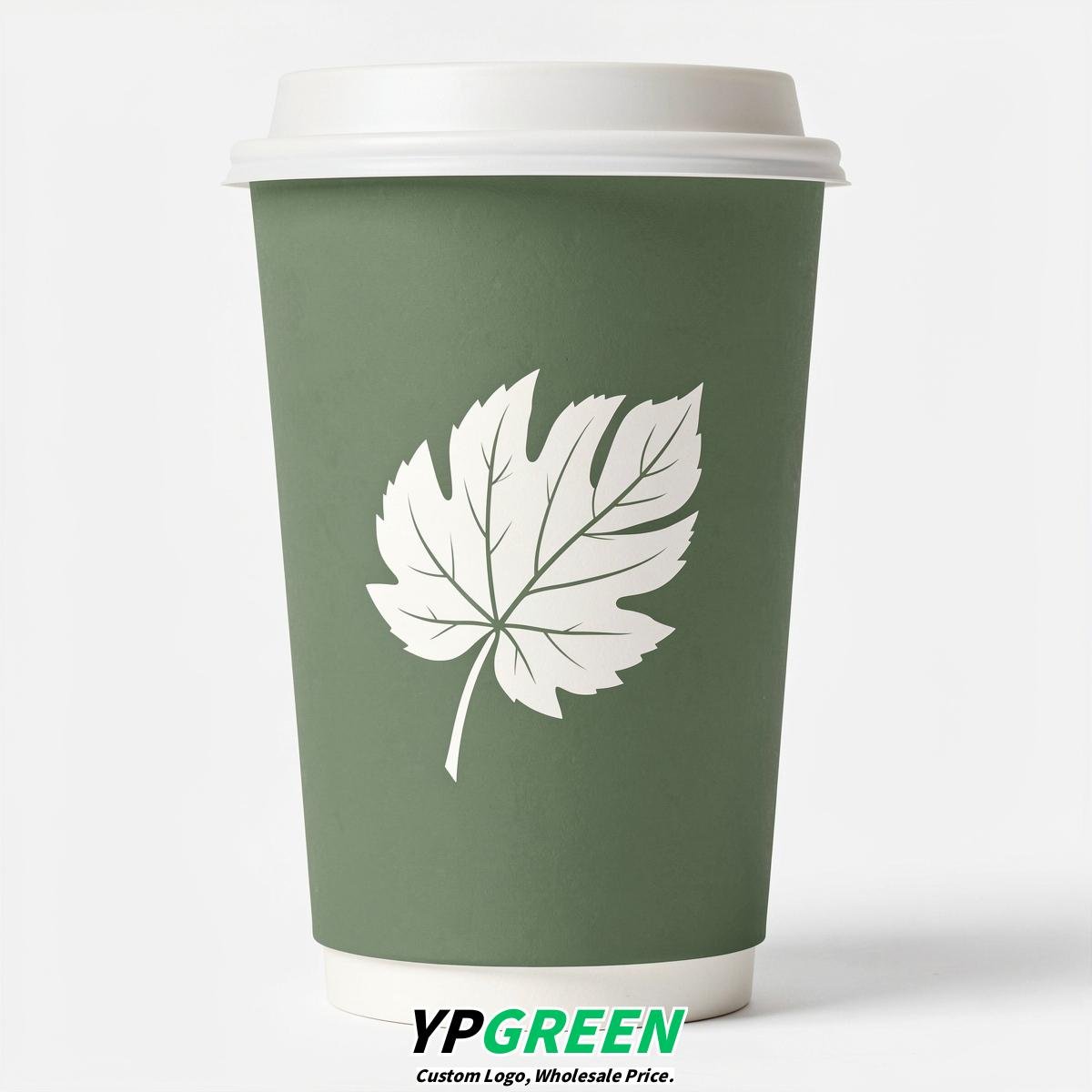 Sage Green Leaves Paper Cups with Lids 8-24oz