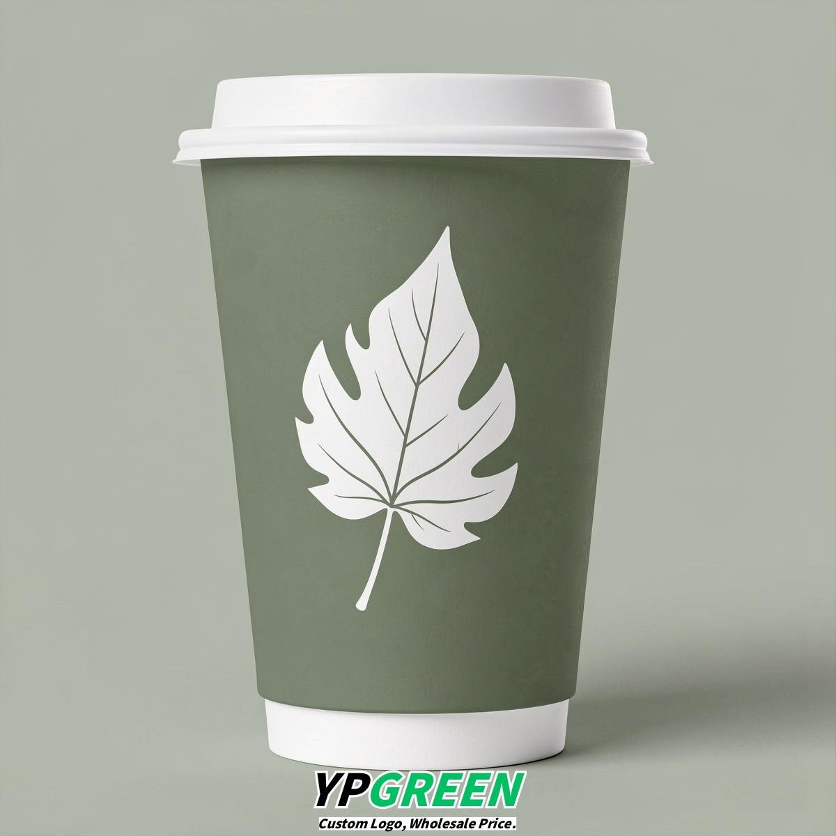 Sage Green Leaves Paper Cups with Lids 8-24oz
