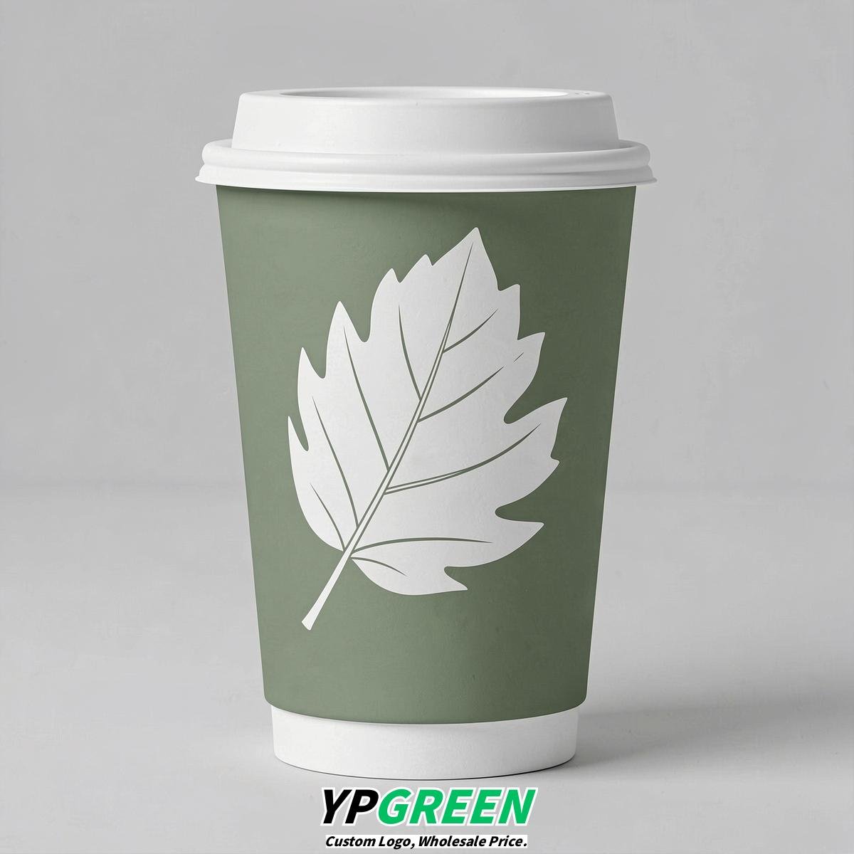 Sage Green Leaves Paper Cups with Lids 8-24oz