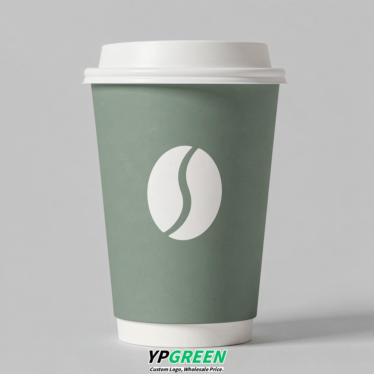 Sage Green Paper Coffee Cups with Coffee Bean Logo & Lids | 12-16oz