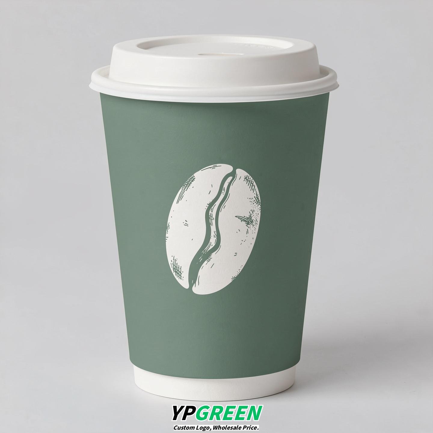 Sage Green Paper Coffee Cups with Coffee Bean Logo & Lids | 12-16oz