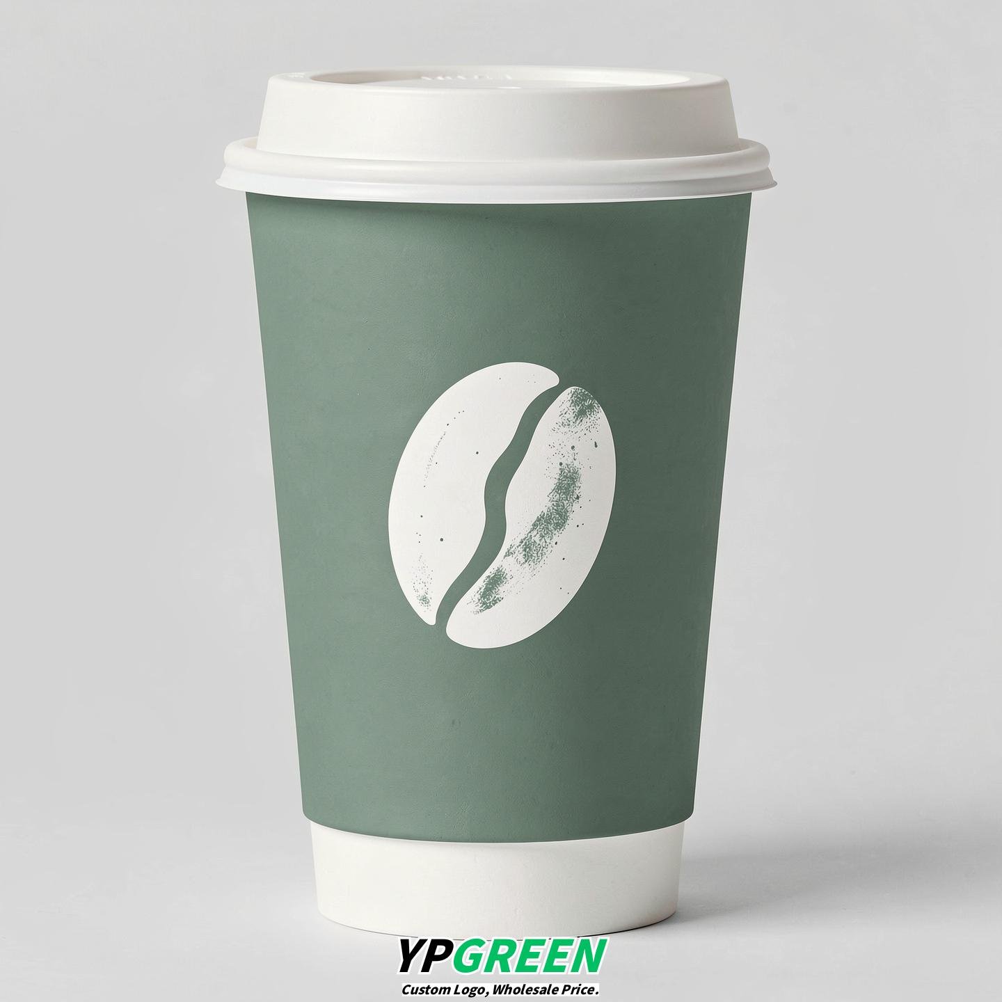 Sage Green Paper Coffee Cups with Coffee Bean Logo & Lids | 12-16oz