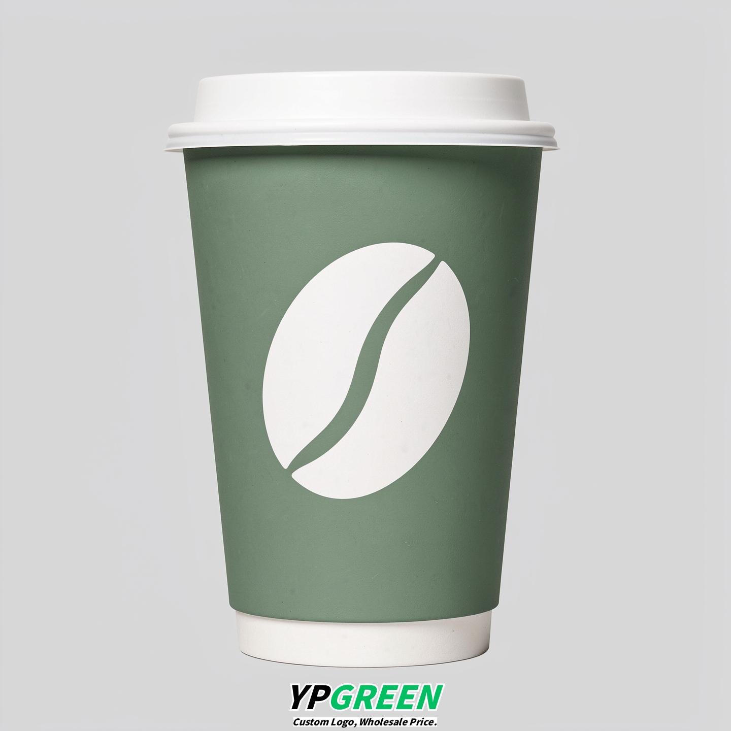 Sage Green Paper Coffee Cups with Coffee Bean Logo & Lids | 12-16oz