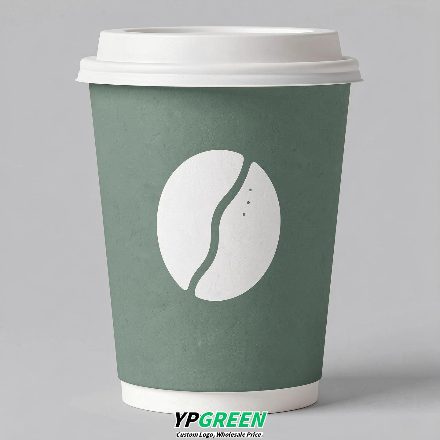 Sage Green Paper Coffee Cups with Coffee Bean Logo & Lids | 12-16oz