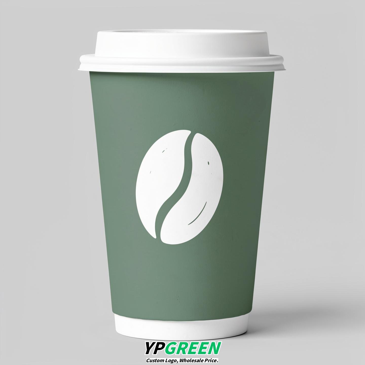 Sage Green Paper Coffee Cups with Coffee Bean Logo & Lids | 12-16oz