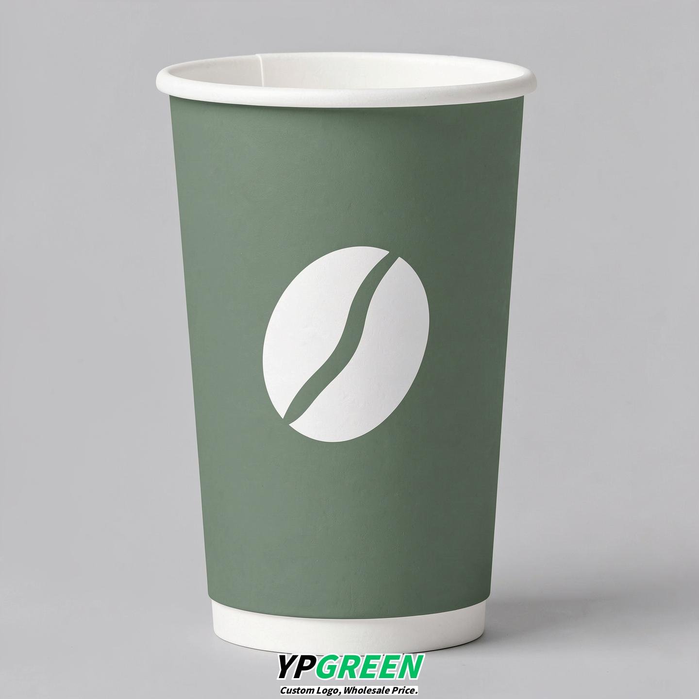 Sage Green Paper Coffee Cups with Coffee Bean Logo & Lids | 12-16oz