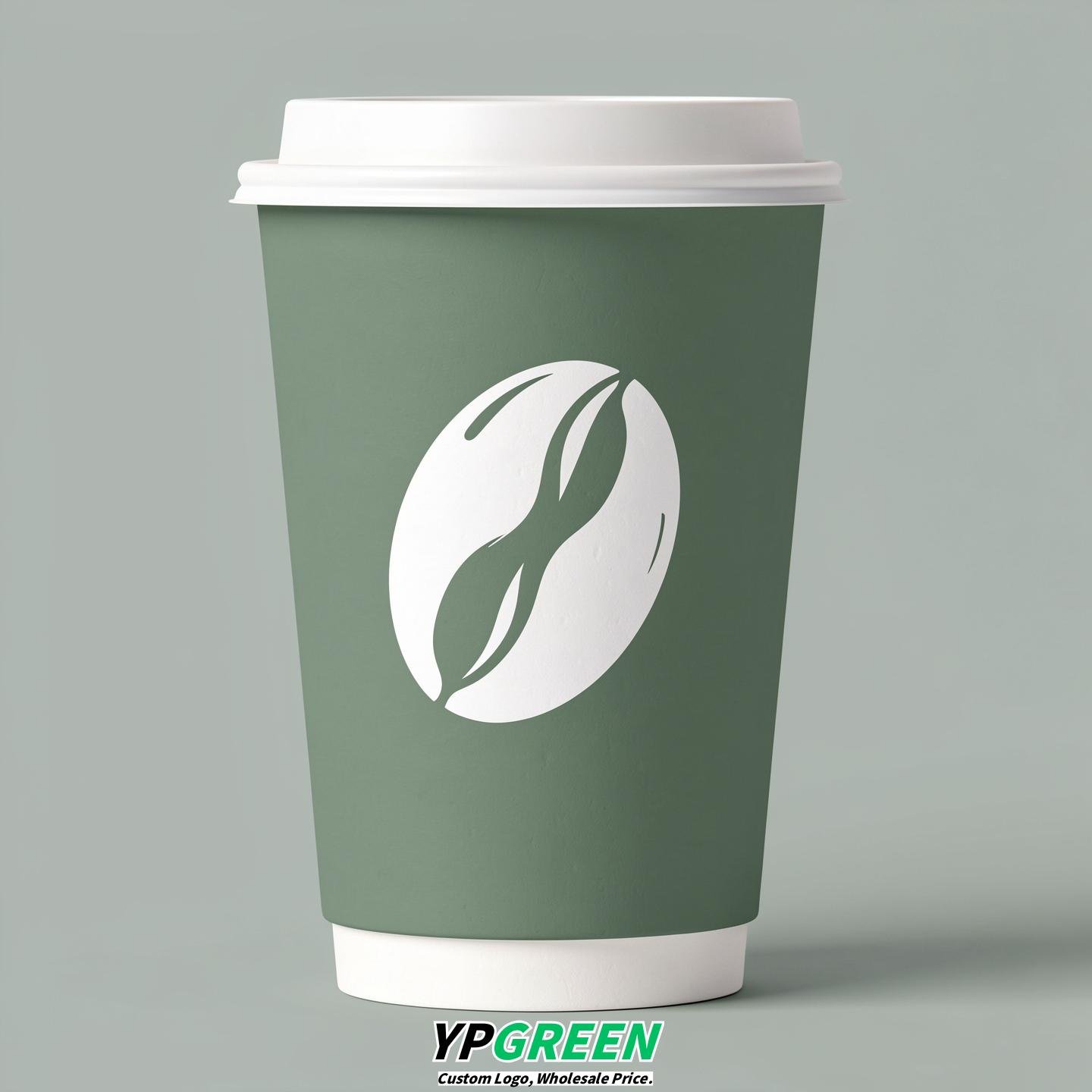 Sage Green Paper Coffee Cups with Coffee Bean Logo & Lids | 12-16oz
