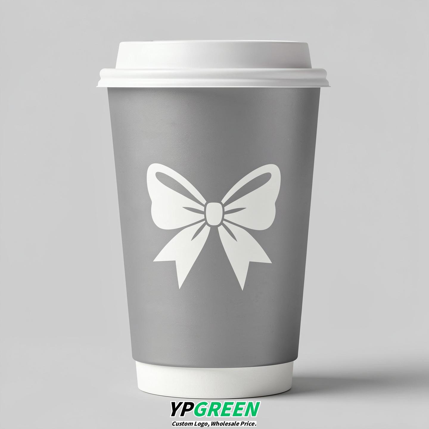 Silver Paper Cups with Bow Logo & Lids 8-24oz
